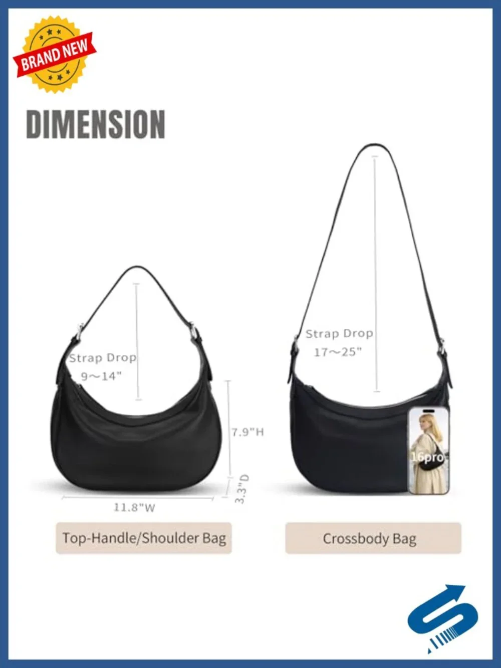 Genuine Leather Hobo Crossbody Bag with Two Adjustable Straps